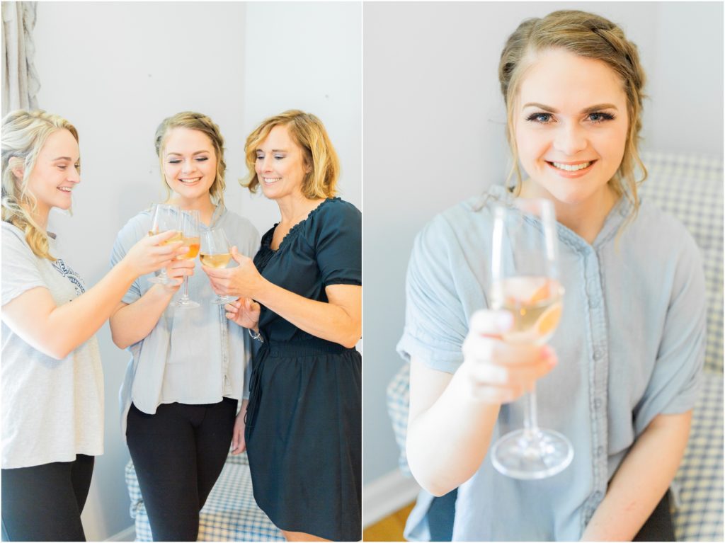 cheers to the new bride with champagne and smiles
