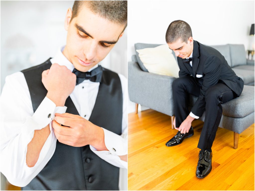 black suit, black bowtie, groom getting ready, micro weddings