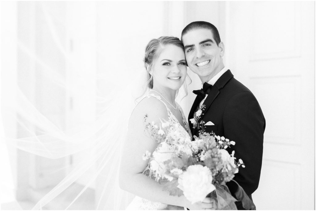 black and white classic bride and groom portrait, smiles, happy couple, intimate weddings