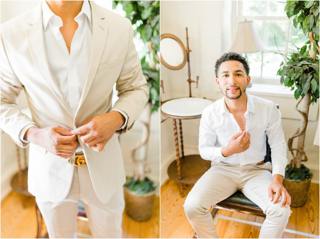tan suit with white button down shirt
