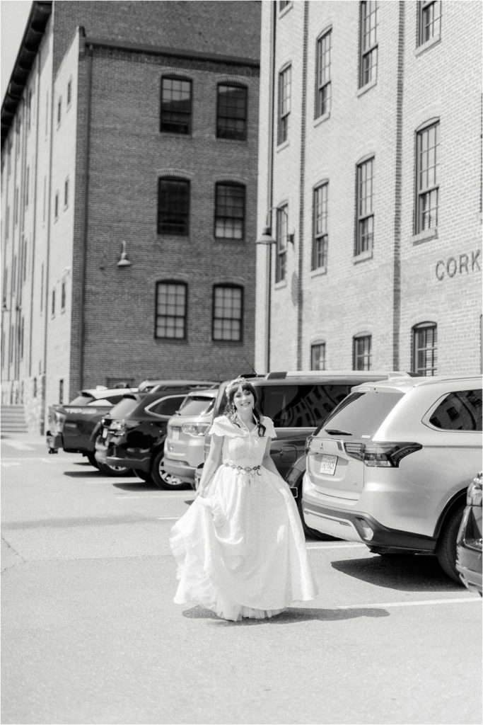 bride walking in the lot of cork factory